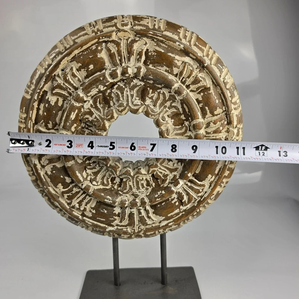 Pottery Barn Hand Carved Mango Wood Architectural Medallion Iron‎ Stand Retired